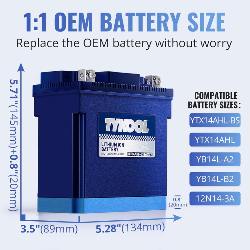 TYKOOL YTX14AHL-BS LiFePO4 Lithium Motorcycle Battery,12.8V 8Ah,480CCA,Digital Readout,Powersports Battery, Fits for Motorcycle,ATV,Snowmobile,PWC. 3X Cranking Amps,5X Longer Life.Fast Charging. - Image 2